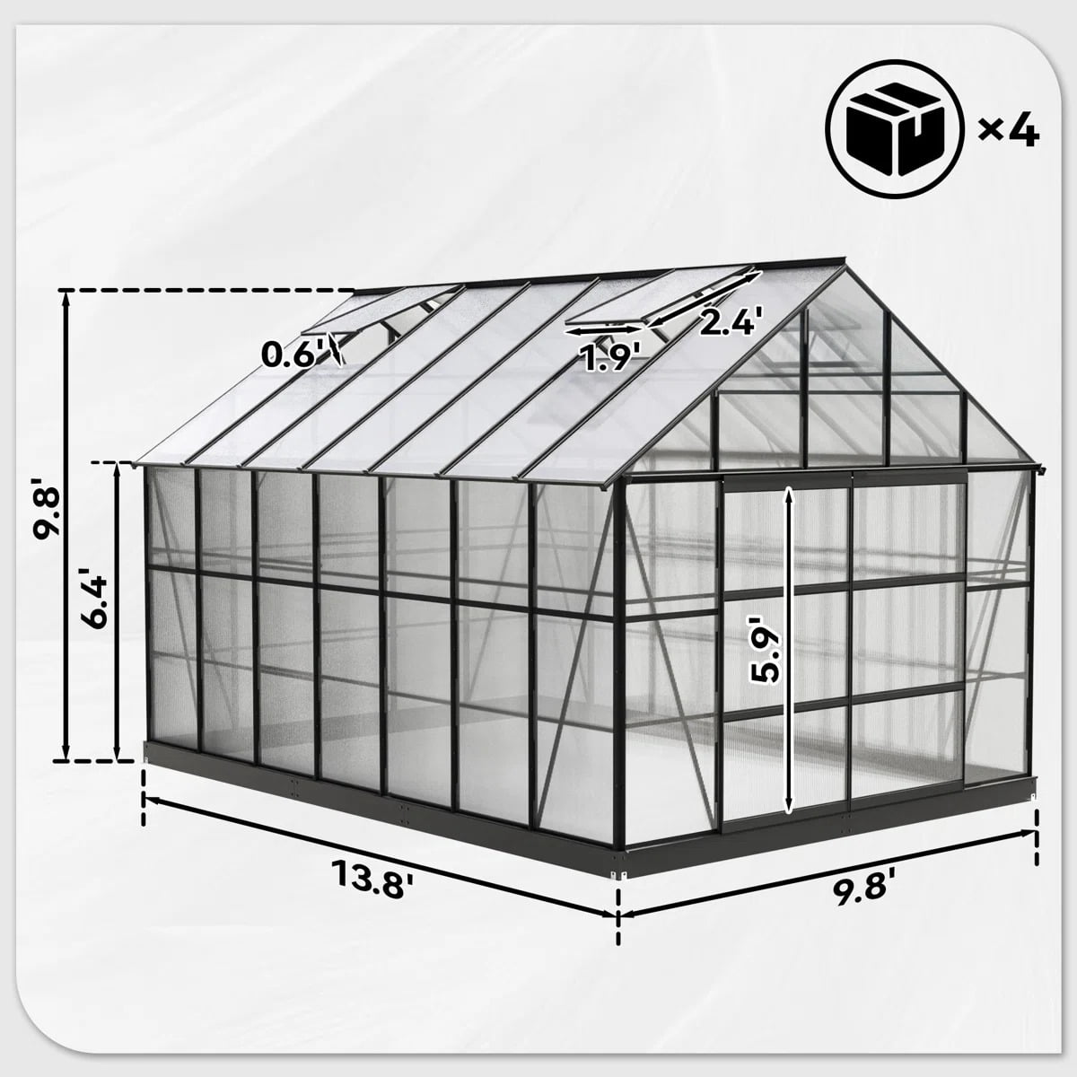 10ft x 16ft, Walk-In Polycarbonate Greenhouse with 4 Adjustable Roof Vents, Aluminum Frame