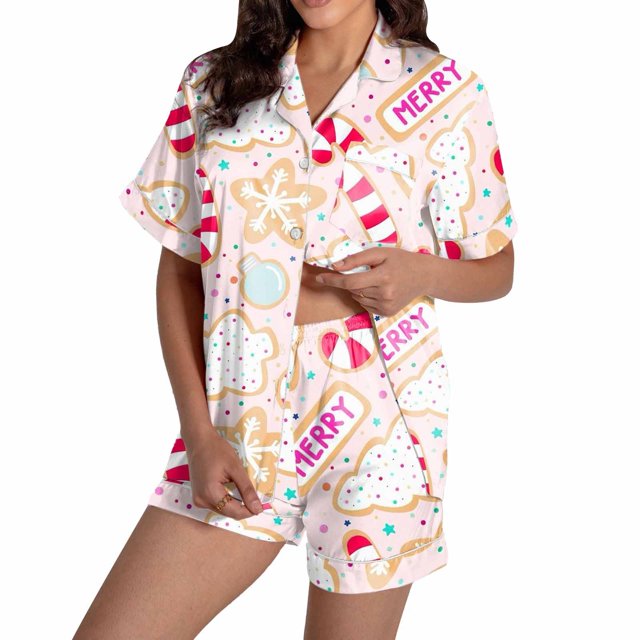 Christmas Pajamas For Women Snowflake Printed Silk Satin Short Sleeve Button Sleepwear Set 2Pc Pjs Set