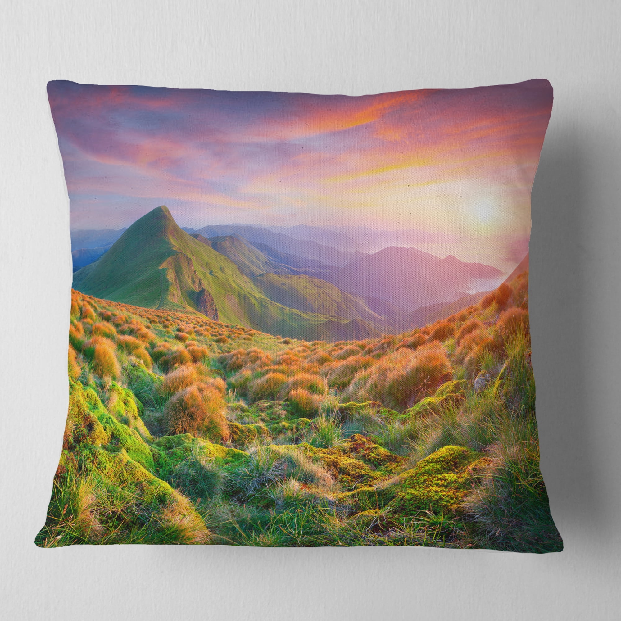 Designart Pretty Colorful Sunset in Mountains - Landscape Photography Throw Pillow - 18x18