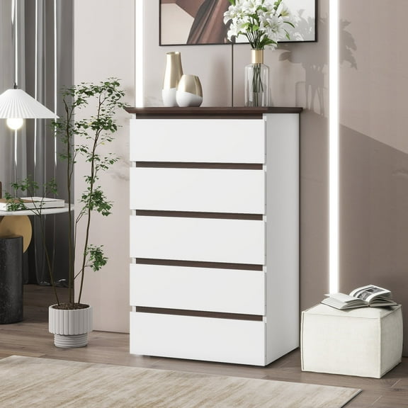 5 Drawer Dresser for Bedroom, Modern Closet Dressers Chest of Drawers, Storage Dresser Chest Cabinet Organizer Unit (White)