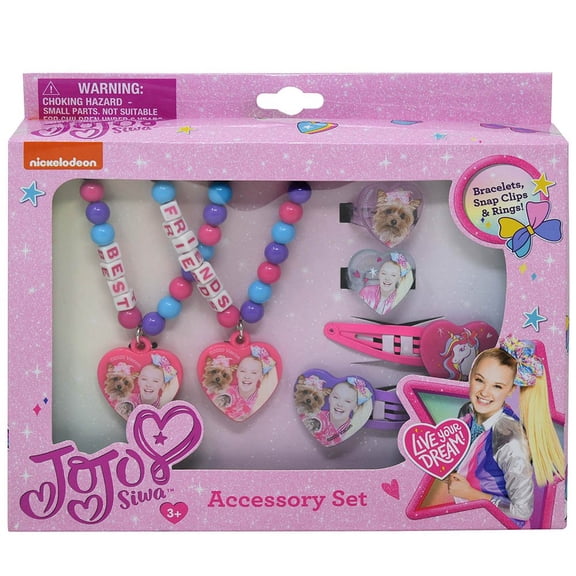 Jojo Siwa Accessory Set Includes: 2 beaded bracelets w/charm, 2 snap clips, 2 rings