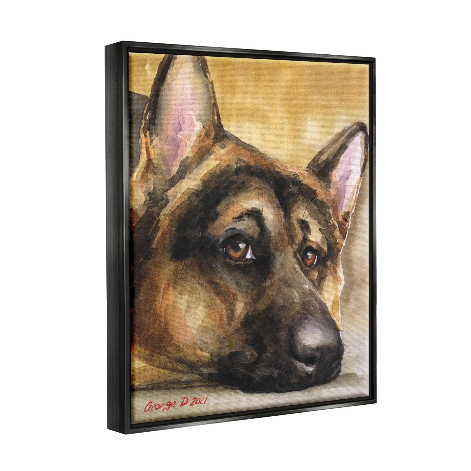Stupell Industries German Shepherd Dog Sympathetic Gazing Animal Portrait Painting Jet Black Floating Framed Canvas Print Wall Art, Design by George Dyachenko