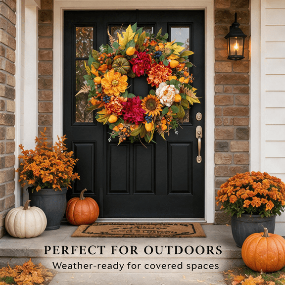 24 Inch Fall Wreath for Front Door, Artificial Pumpkin Wreath with Dahlias, Sunflowers, Berries and Autumn Leaves, Harvest Thanksgiving Farmhouse Porch Decor
