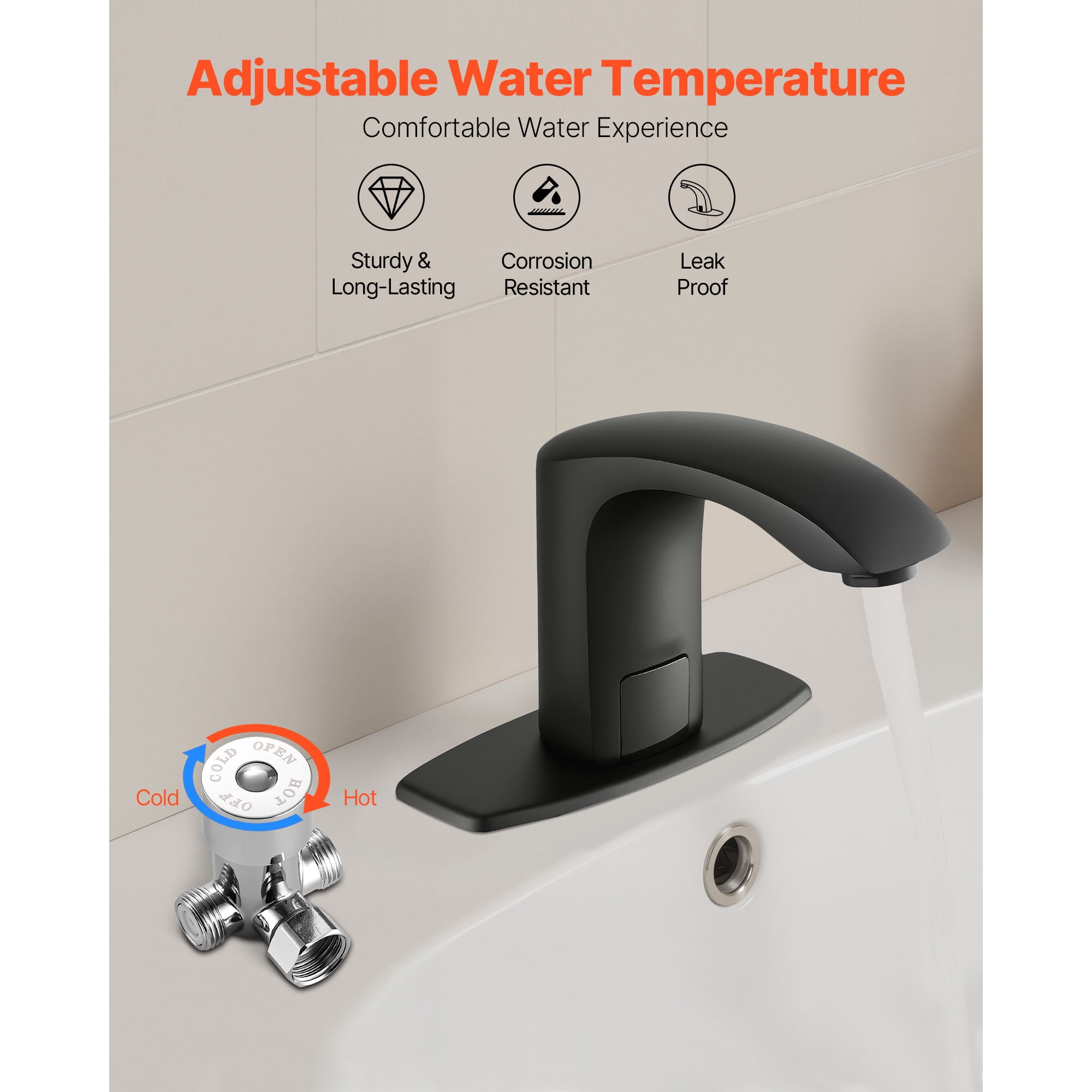 KFFKFF Touchless Bathroom Sink Faucet with Motion Sensor, Automatic Restroom Faucet with Cover Plate, Battery Powered, Adjustable Temperature for 9/16 in Pipe, Commercial Lavatory, Matte Black
