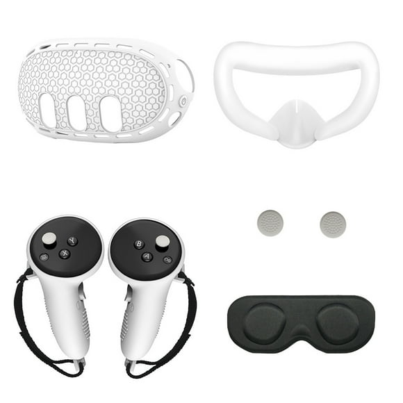 yeacher Quest 3 VR Accessory Set: Anti-Leak Face Cover, Silicone Controller & Headset Protectors, Stick Caps, Lens Cover - Black or White, 5-in-1 Kit