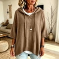 thumbnail image 6 of Womens Solid Color Knit Hoodie Drawstring 3/4 Sleeve Ribbed Hem Loose Fit Travel Lounge Outerwear Blouse Khaki S, 6 of 6