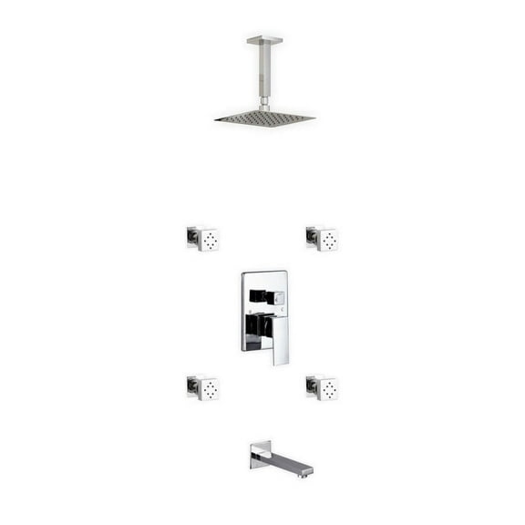 Aqua Piazza Brass Shower Set with 8" Ceiling Mount Square Rain Shower, Tub Filler and 4 Body Jets