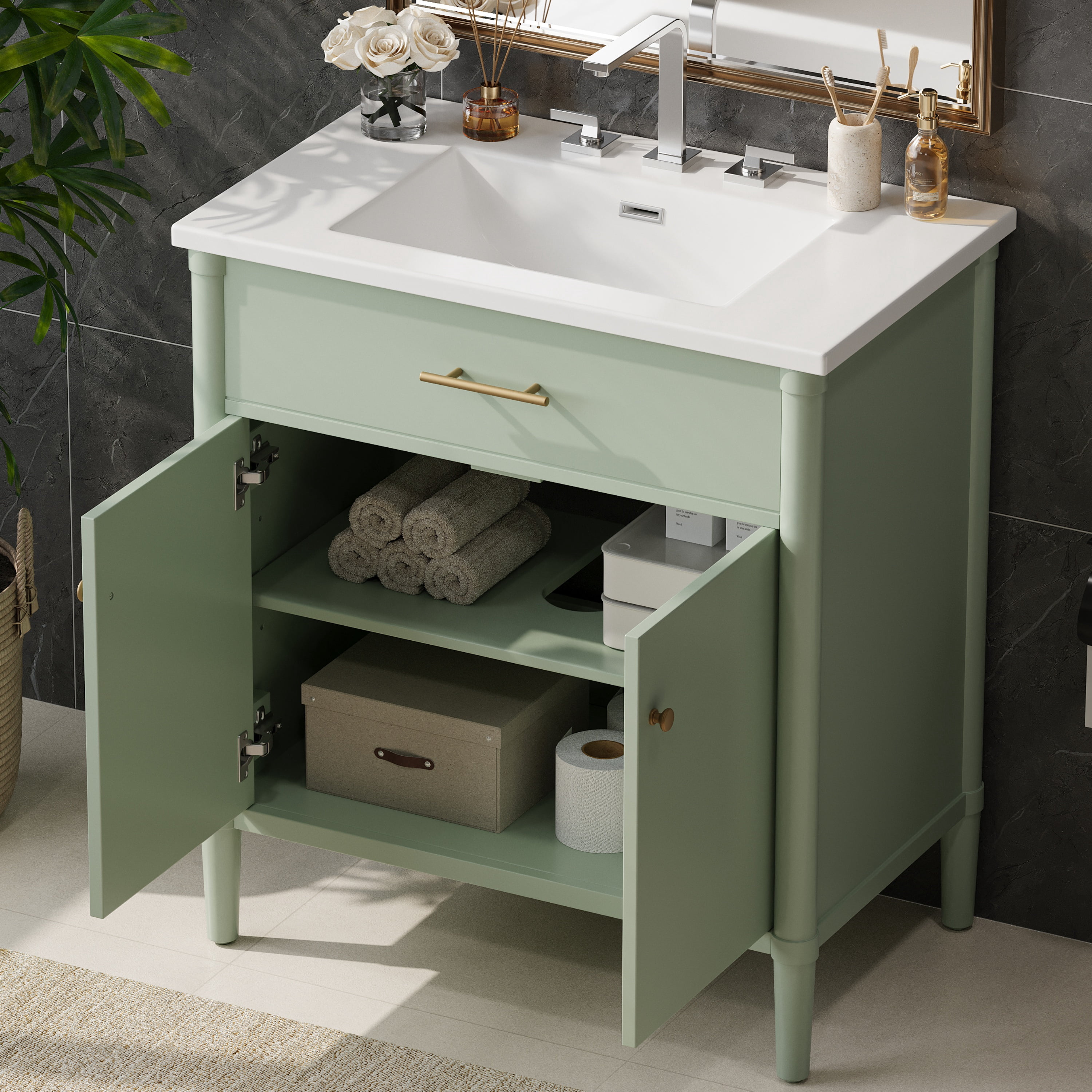 Euroco 31" Bathroom Vanity with Sink, Bathroom Cabinet with Soft Close Doors and Adjustable Shelf, Curved Profile Design, Rubber Wood Legs, Green