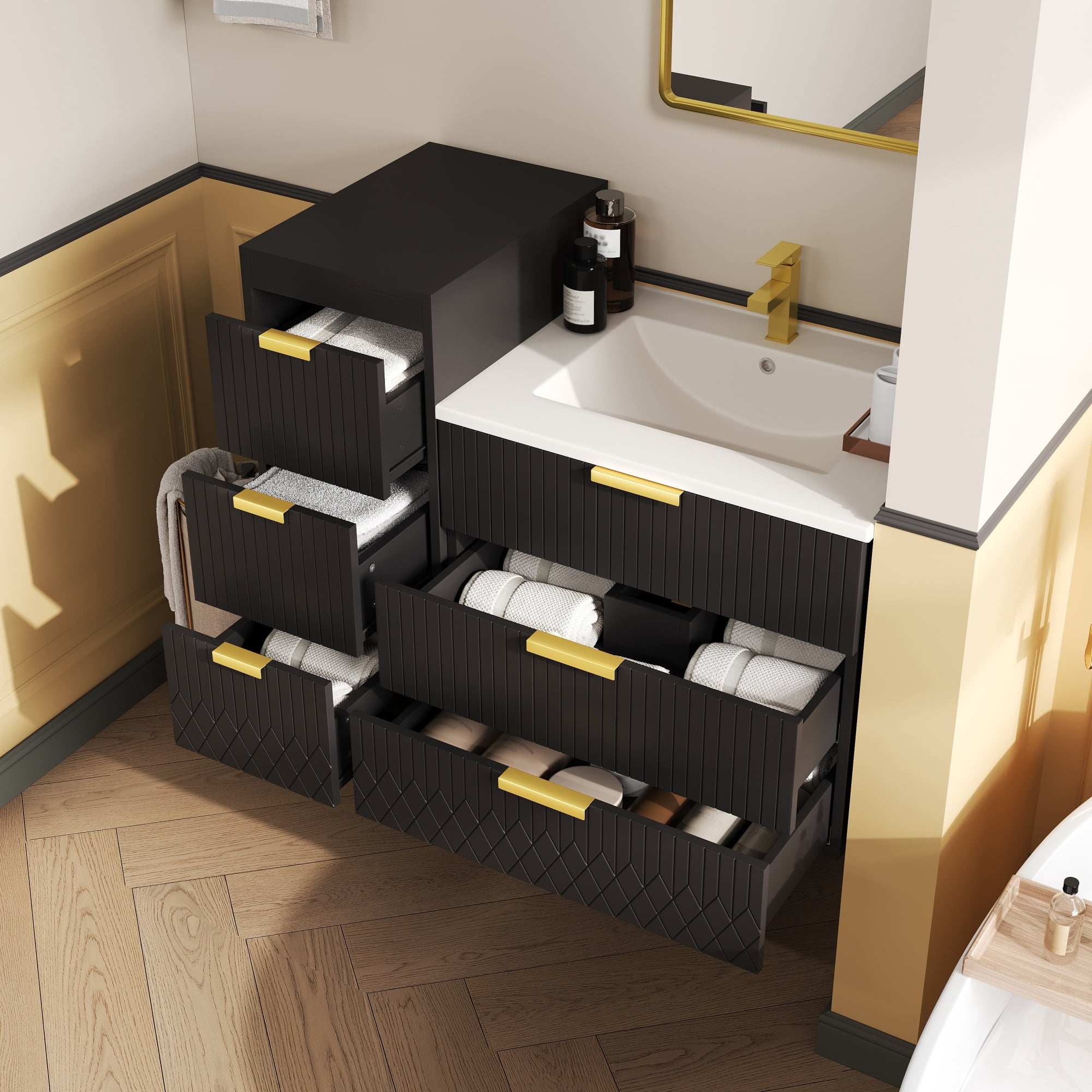 Euroco 24inch Wall Mounted Floating Cabinet w/Side Cabinet Combo, Rectangular Vanity, Small Bathroom Sink With Single Faucet Hole and Overflow, Modern Bathroom Cabinet with Ceramic Basin Sink