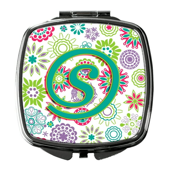 Letter S Flowers Pink Teal Green Initial Compact Mirror CJ2011-SSCM