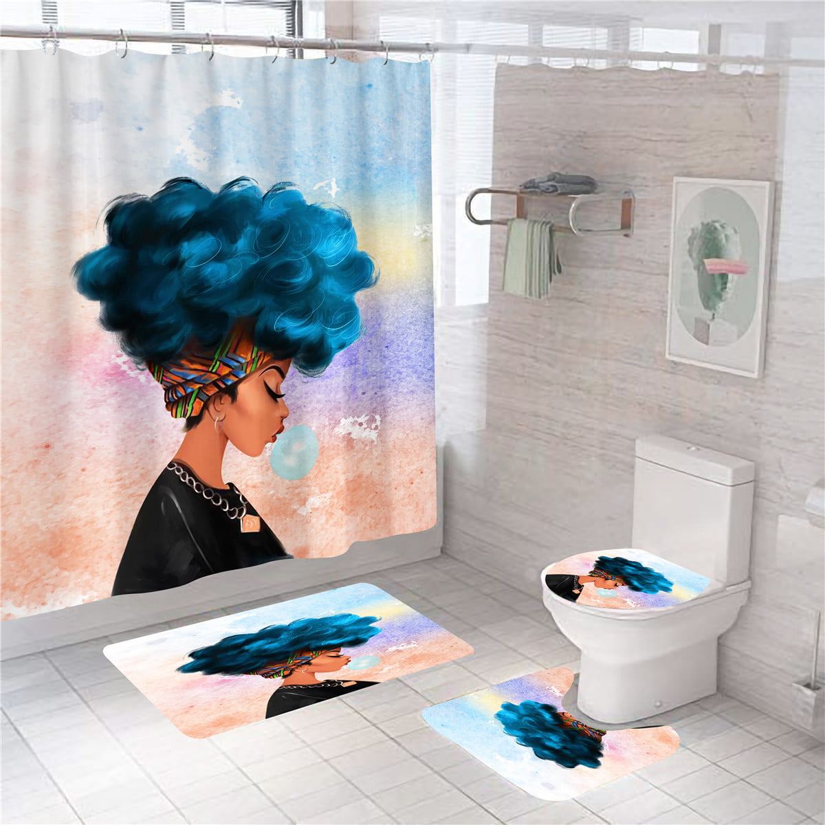 African Woman Waterproof Bathroom Shower Curtain Bath Toilet Cover Rug Mat USA 