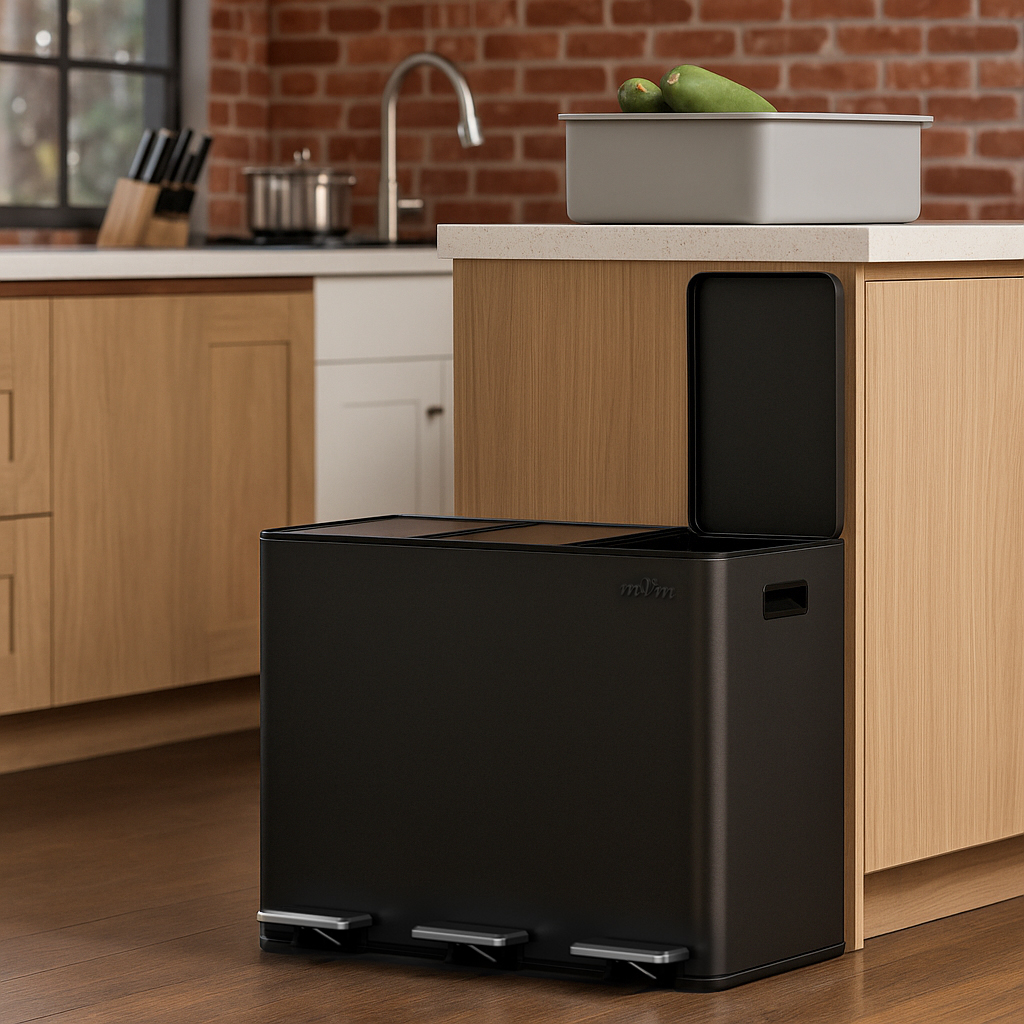 mVm 12 Gal/ 45L Stainless Steel 3 Compartment Trash Can, Triple Garbage Can（Black）