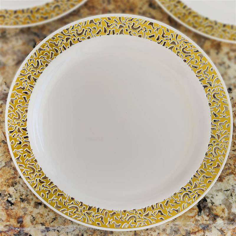 10 Round Gold Plastic Dinner Plates 50ct.