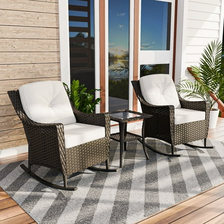 COOS BAY Stone Harbor 3-Piece Brown Wicker Patio Furniture Set Outdoor Conversation Set with Beige Olefin Cushions Rocking Chairs Side Table