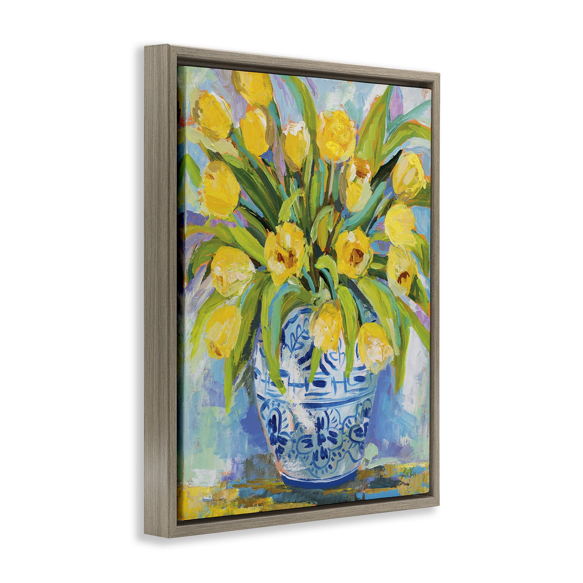 Stupell Industries Expressive Yellow Tulips in Vase Botanical & Floral Painting Brown Floater Framed Canvas Art Print Wall Art, 25 x 31