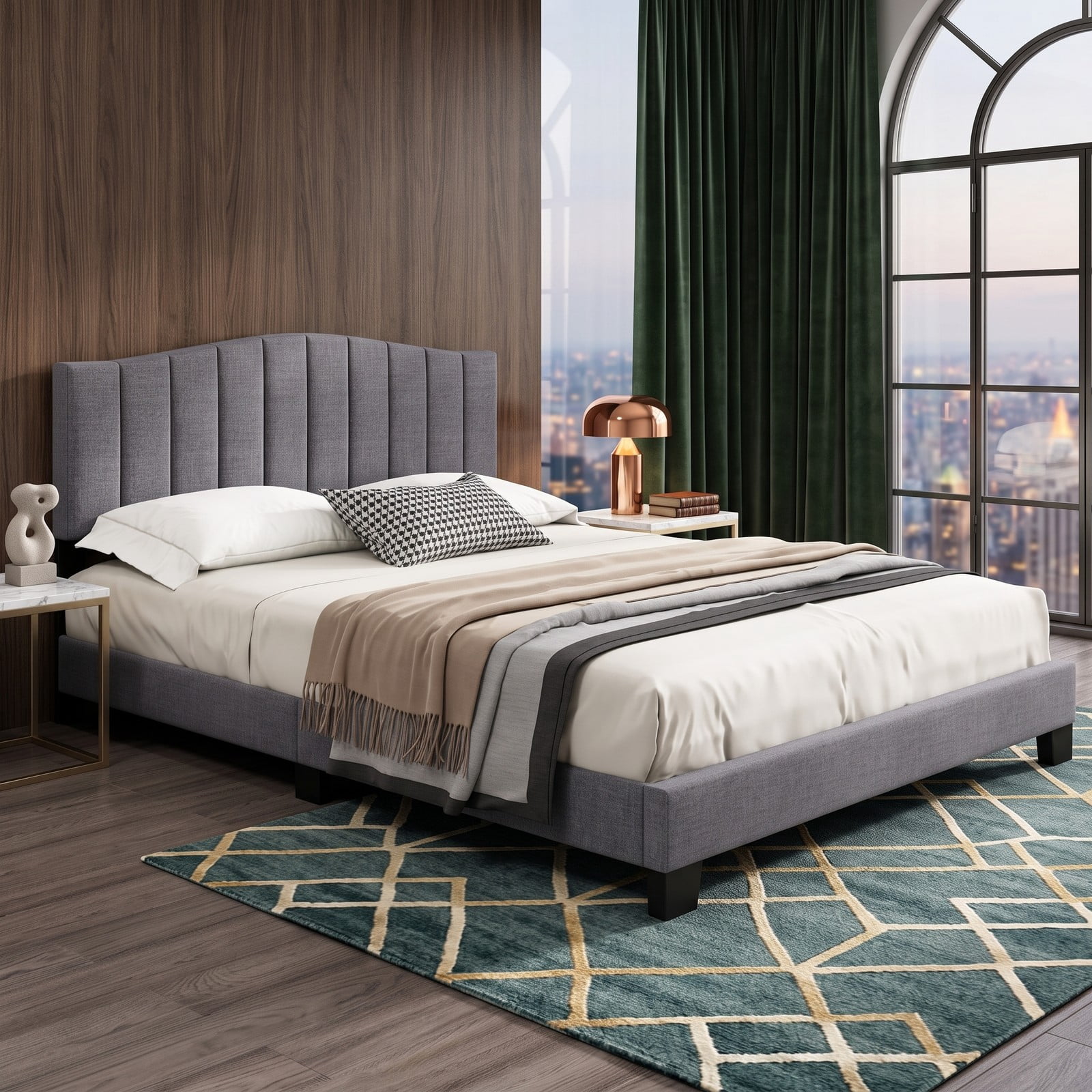 Furnibear Queen Size Bed Frame Upholstered Platform Bed with Adjustable Channel Tufted Wingback Headboard, No Box Spring Needed, Gray