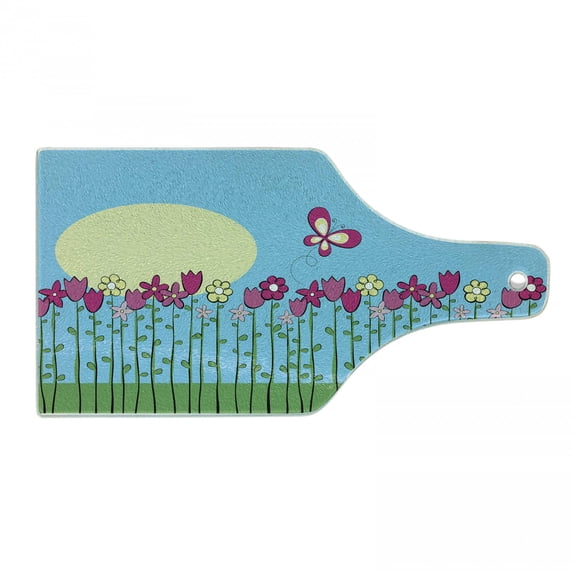 Flower Landscapes Cutting Board, Tall Flowers and a Butterfly Flying, Decorative Tempered Glass Cutting and Serving Board, in 3 Sizes, by Ambesonne