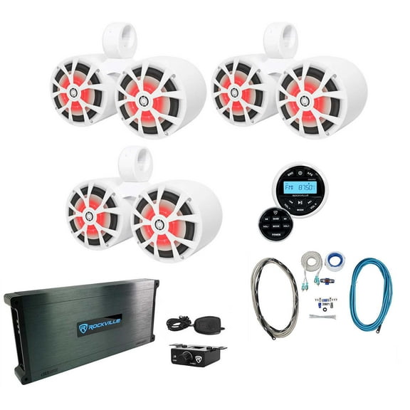 (3) Rockville RKL80MW 8" Marine Dual Wakeboard Tower LED Speakers Amp Receiver