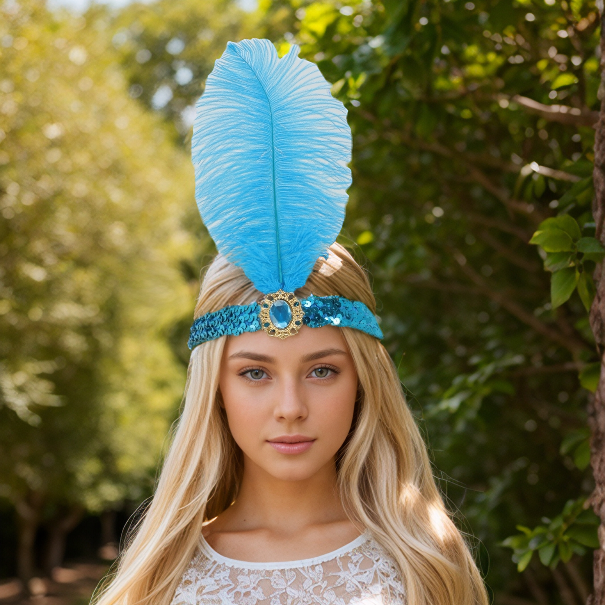 Unique Bargains Feather Faux Diamond Sequins Headband 1 Pc Lake Blue