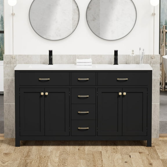 eclife 60-Inch Black Bathroom Vanity with Double Sink and Resin Top