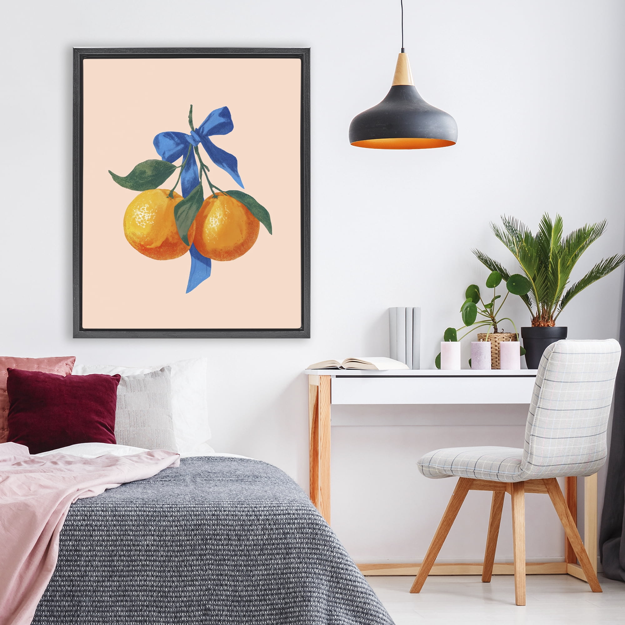 Stupell Industries Two Oranges with Blue Bow Black Framed Floater Canvas Wall Art, design by Imagine It Images