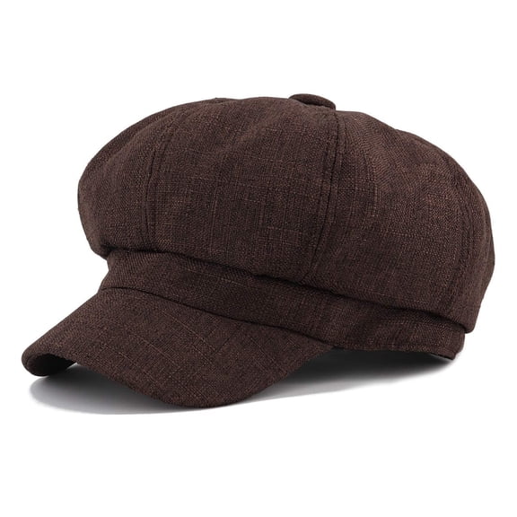 Ticikt Women Newsboy Cap, Linen Cotton Octagonal Beret Hat Vintage Peaked Cabbie Hat Lightweight Solid Color for Spring Summer,Color:Brown,Size:M
