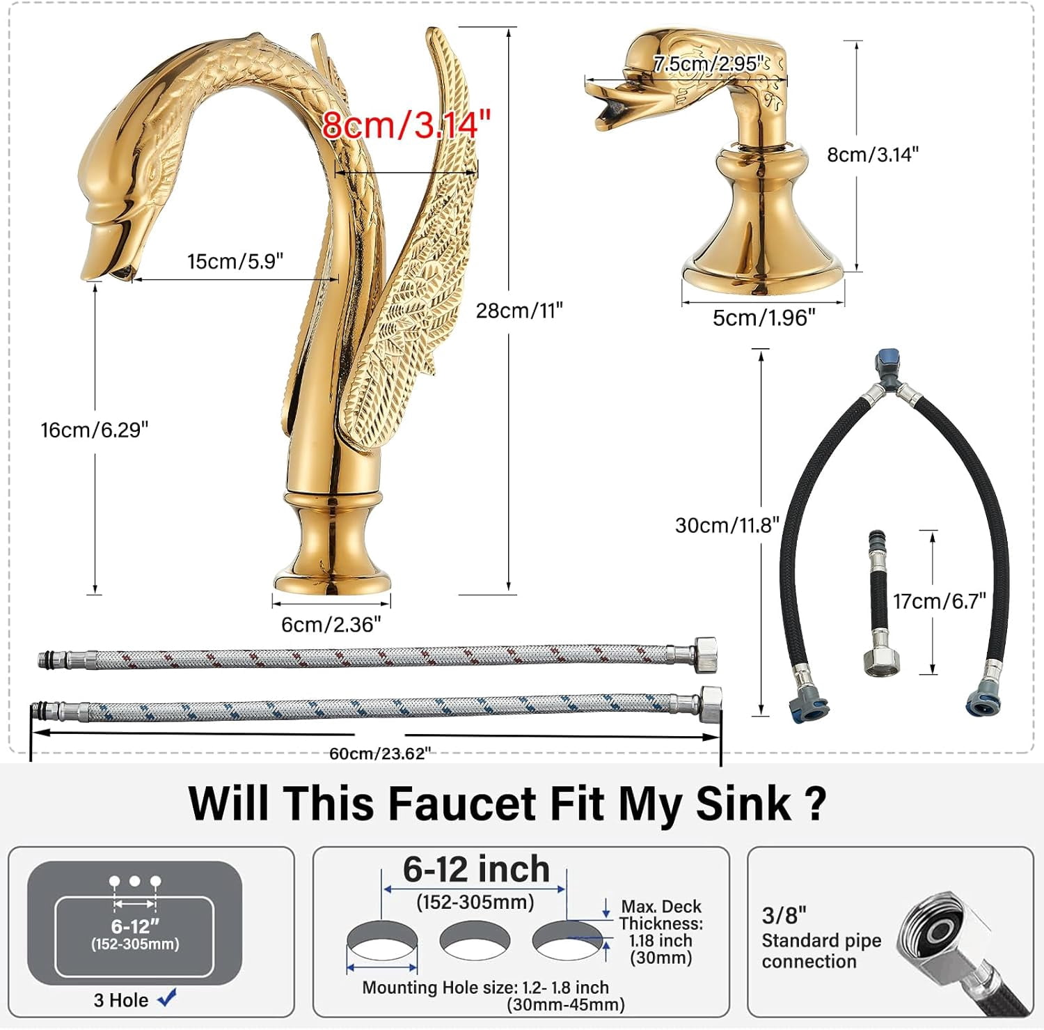 Gold Swan Bathroom Sink Faucet 3 Holes Dual Handle Basin Mixer Taps Deck Mounted