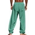 thumbnail image 4 of Oversized Linen Trendy Elastic High Waist Straight Pants for Men Summer Casual Drawstring Beach Vacation Pant Green M, 4 of 4