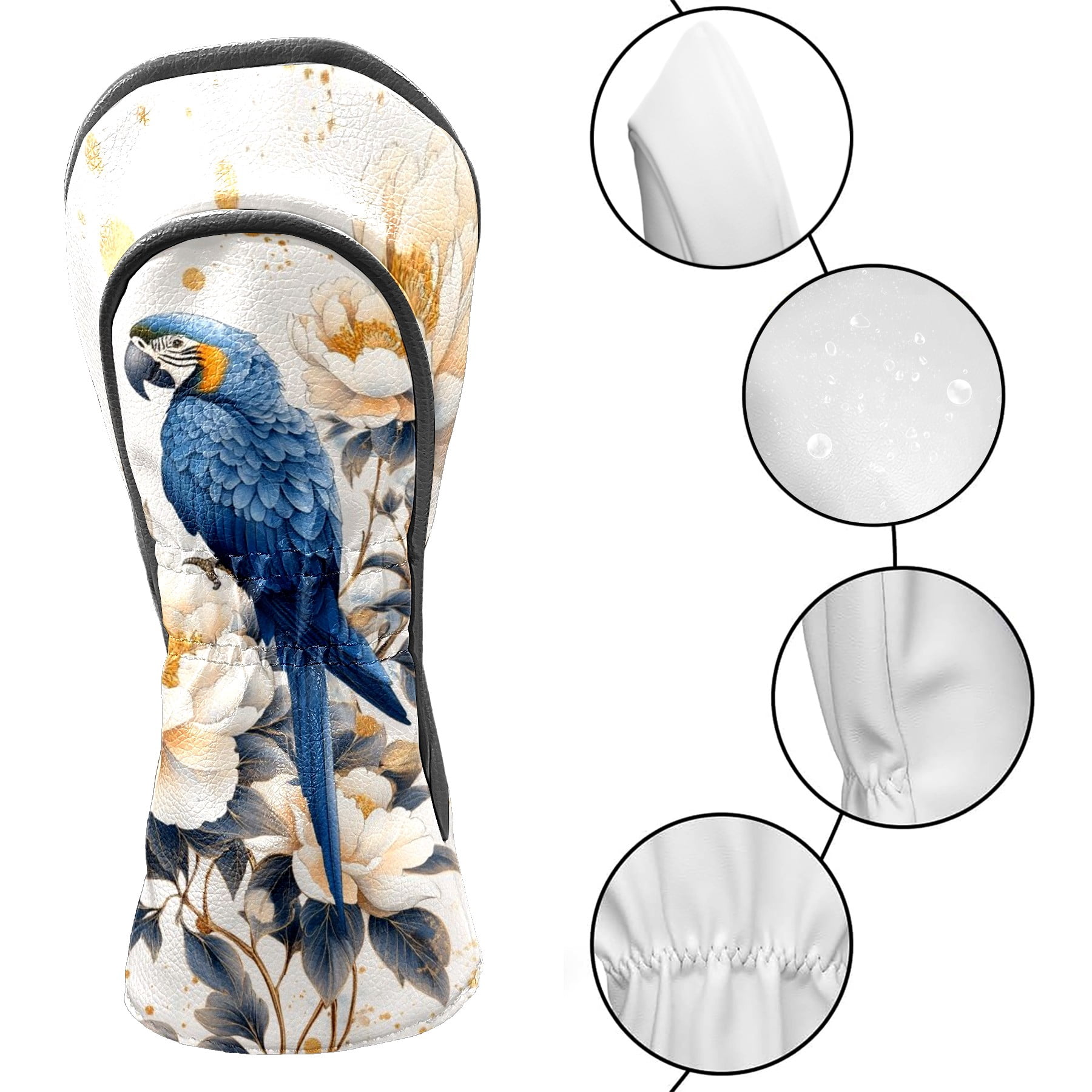 Golf Head Covers Blue Parrot Design for Driver, Wood & Hybrid, Premium Waterproof PU Leather with Plush Lining, Tropical Bird Golf Gifts