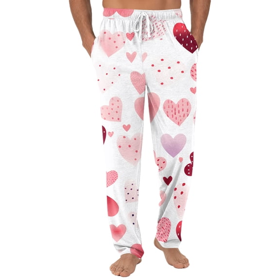 Fgvctg Valentine's Day Men's Pajamas Oversized Wide Leg Sleepwear Pajamas Pant Fashion Love Heart Graphic High Waisted Pj Fall Spring Drawstring Lounge Pants with Pockets White XL