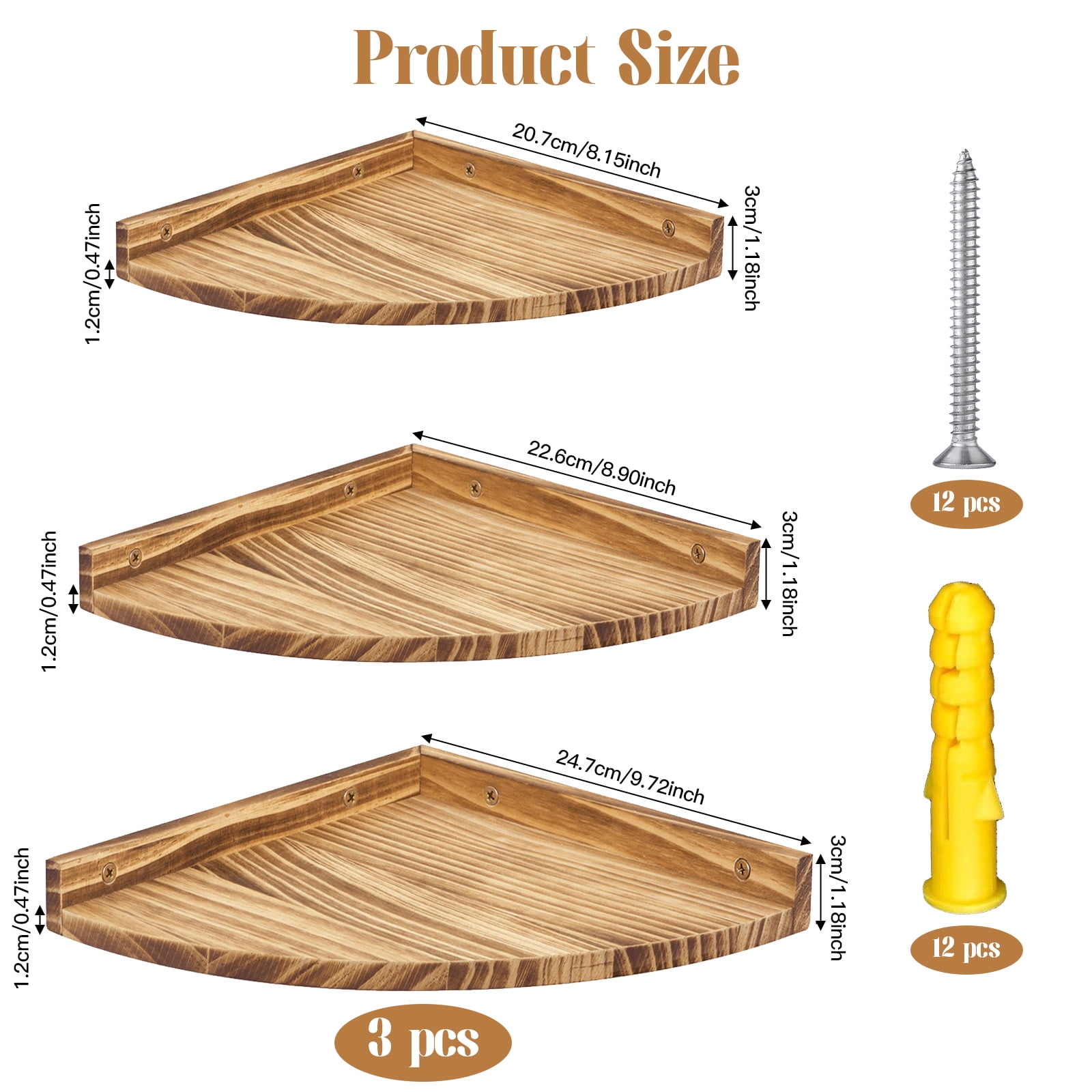 VEGCOO Rustic 3-Piece Solid Wood Wall Shelves Set - Triangular Corner Floating Shelves, Pine Wood Wall Fan Shaped Mounted Display Shelves, Easy Install for Bathroom, Kitchen, Living Room Decor