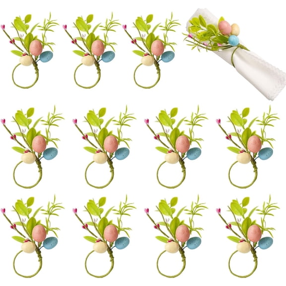 Easter Napkin Rings Set of 12, Farmhouse Easter Eggs Napkin Ring Buckle Holders with Green Leaf for Spring, Holidays, Table Decor, Family Dinner, Weddings, Party(Easter Eggs)