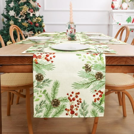 

SHACOS Christmas Table Runner Pine Corn Stems Red Berry Winter Pine Needle Branch Botanical Christmas Holiday Kitchen Dining Table Decoration Seasonal Farmhouse Rustic Burlap Table Runner 13x72 C49