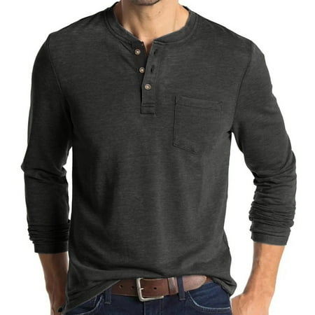 

Tao Mens Fashion Henley Shirts Long Sleeve Button Cotton T-Shirt with Pocket GrayL