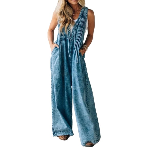 Women's Summer Denim Jumpsuit Sleeveless Wide Leg Overalls Baggy Pleated Tie Front Tank Jean Romper, 2XL