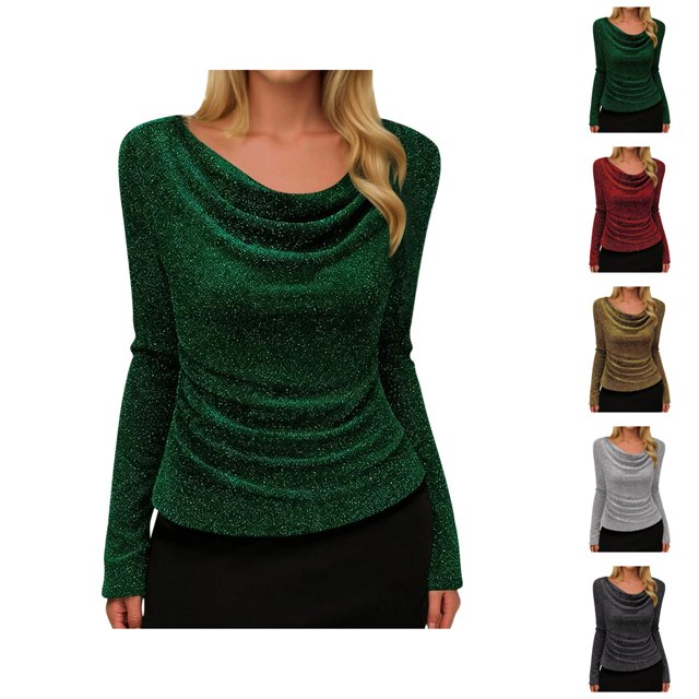Womens Glitter Tops 2026 Spring Fashionable Long Sleeve Cowl Neck Stretch T Shirt Going out Top Rave Outfits