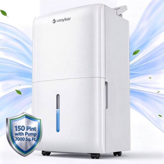 Waykar 150 Pint Dehumidifier with Pump for Basement & Home, Auto Defrost for Cold Winter, No Daily Tank Emptying, 7,000 Sq. Ft., Continuous Drain (50 Pint DOE)