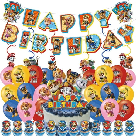 52 Pcs For Paw Theme For Patrol Cartoon Decoration Set – Includes Banner, Cake Topper, 24 Cupcake Toppers, 6 Spiral Ornament and 20 Balloons for Festive and Birthday Celebrations