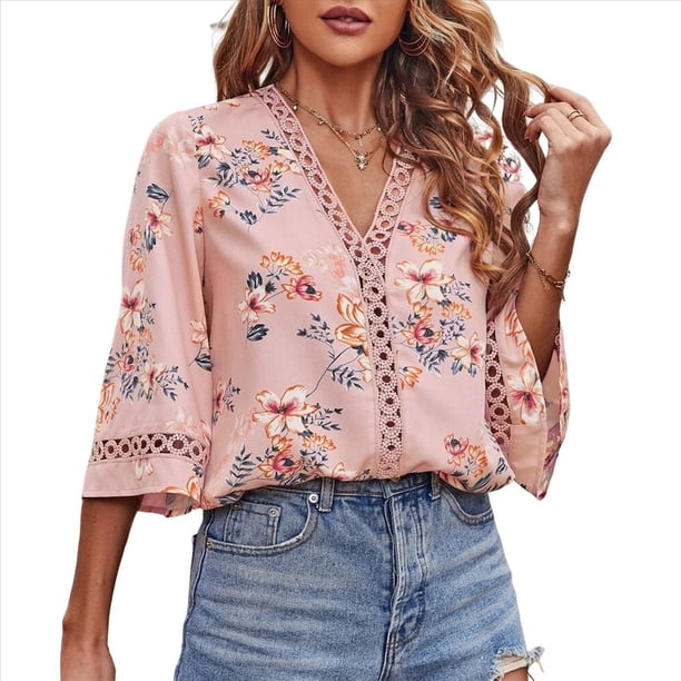 Camiseta de Verano para Mujer, Elegante, Informal, con Mangas 3/4, Cuello en V, Estilo Étnico Bohemio y Estampado Acampanado. Rosa L