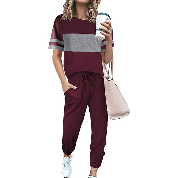 Striped Wine RedXX-Large)Women's Two Piece Outfit Short Sleeve Pullover  with Drawstring Long Pants Tracksuit Jogger Set 