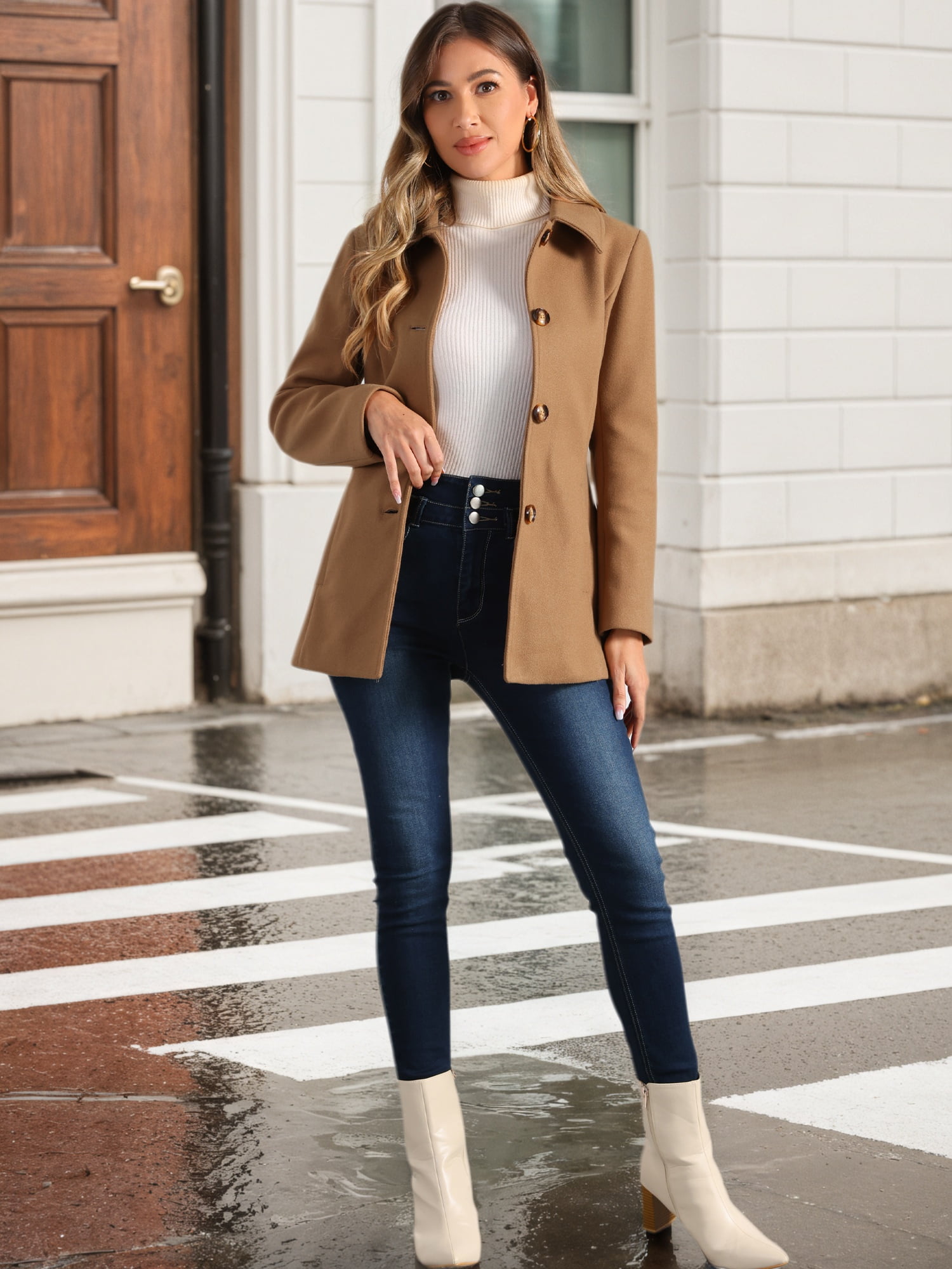 DARING DIVA Women's Peter Pan Collar Single Breasted Solid Overcoats Coat Camel M