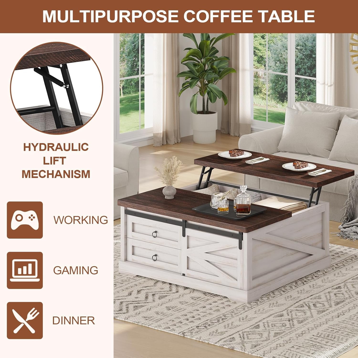39.4" Lift-Top Coffee Table with Storage, Farmhouse Square Coffee Table with Drawers, Sliding Door and Hidden Storage Compartment, Center Table Gaming Station or Workspacefor Living Room, White