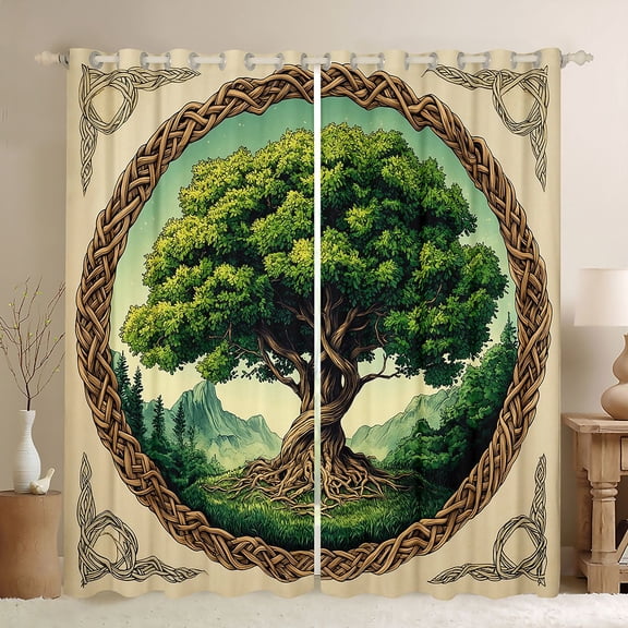Homewish Vintage Nature Tree Kitchen Curtains,Mountain Landscape Black Out Curtains Pack of 2 (42x63 Each),Green Cream