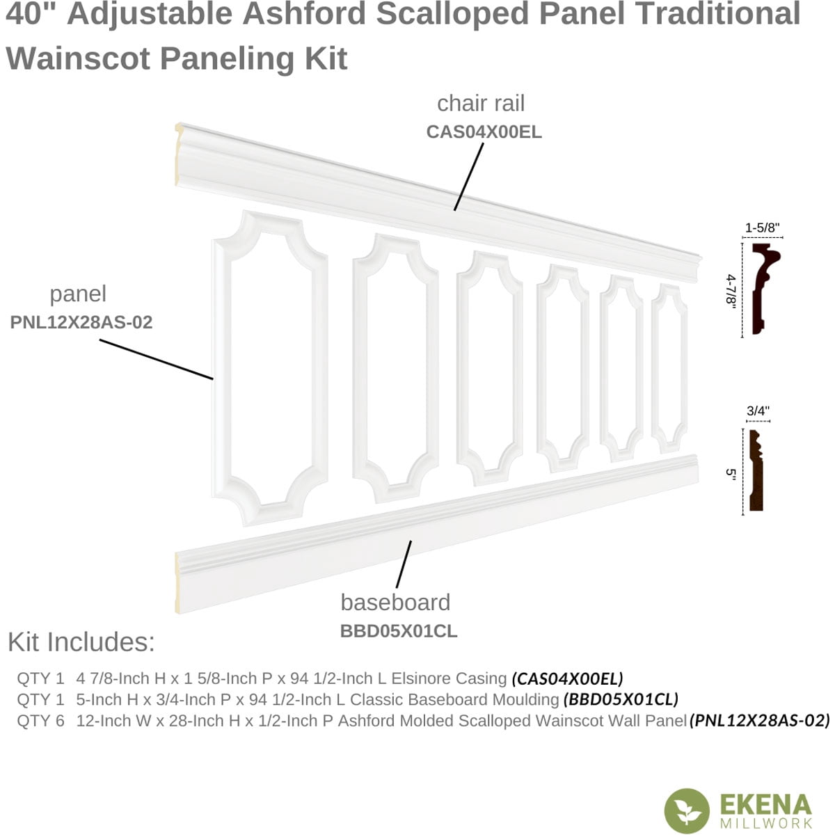 Ekena millwork 94 1/2"L (Adjustable 40"H to 44"H) Ashford Scalloped Panel Traditional Wainscot Paneling Kit