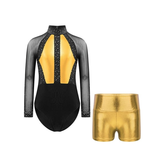 Doomiva Kids Girls Long Sleeve Shiny Gymnastic Dance Leotard Bodysuit Jumpsuit with Metallic Shorts Set Activewear Gold 12