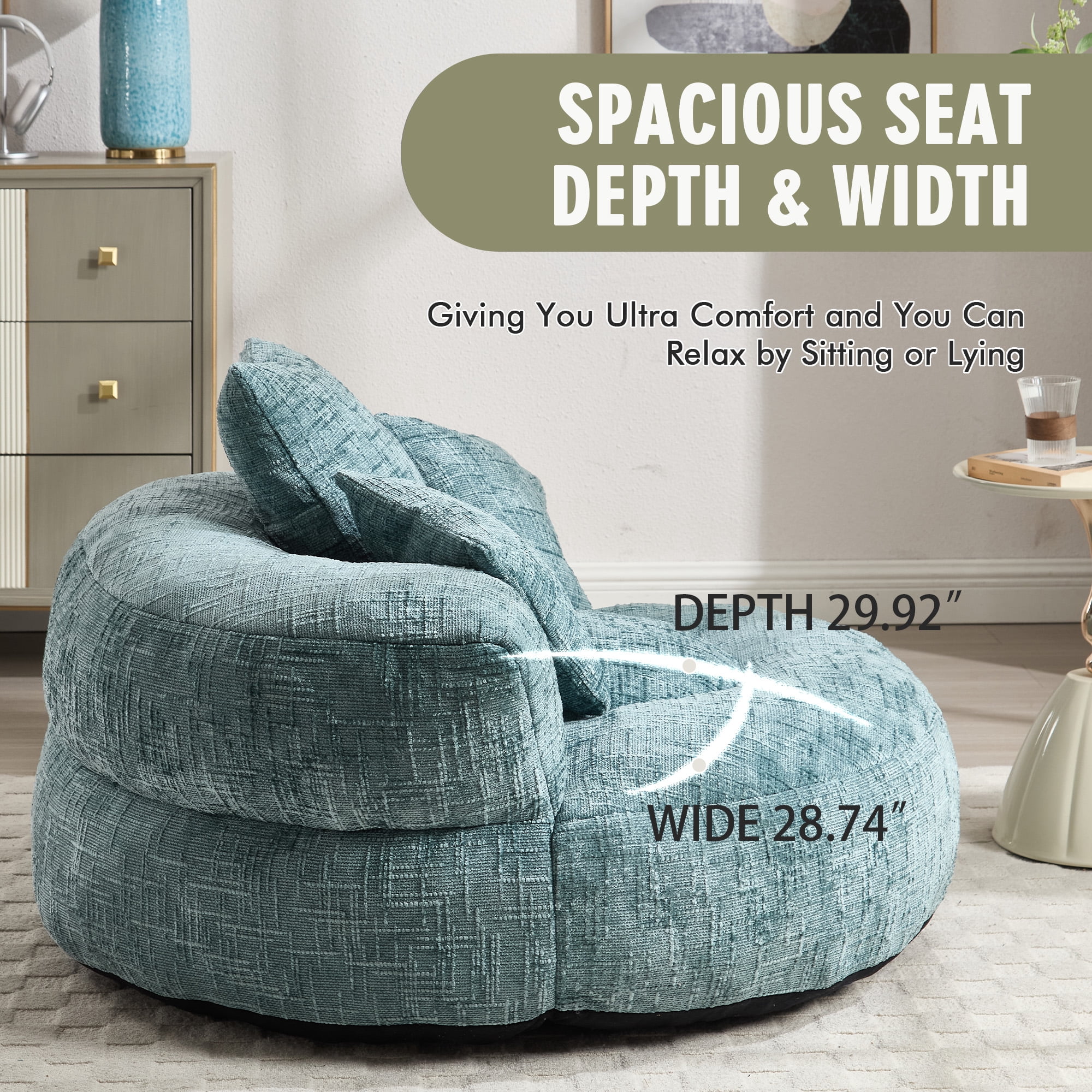 MOONMISS Chenille Upholstered Durable Comfort Lounger Bean Bag Lazy Sofa with Three Pillows-Teal