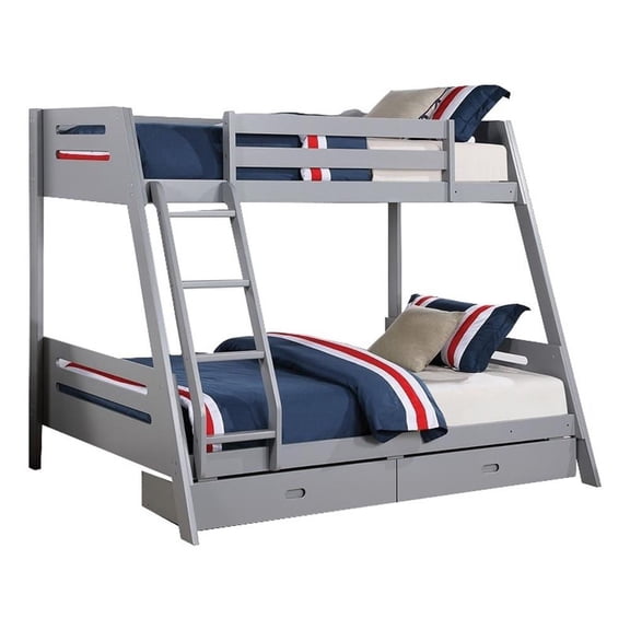 Emily Twin Over Full Bunk Bed with Ladder- 2 Drawers- Gray Solid Wood