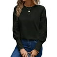 thumbnail image 2 of Women'S Solid Color Long Sleeve Embroidered Lace Stitching Waffle Round Neck Top Black XL, 2 of 9