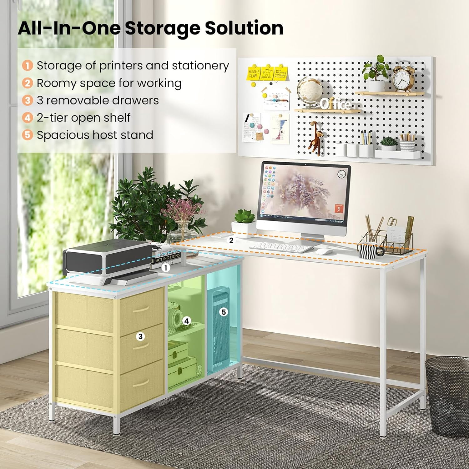 HJTER L Shaped Computer Desk with Drawers, 81" Convertible Corner Desk with Charging Station and Storage Shelves, Study Writing Desk, Modern Long Corner Gaming Table for Home Office (White)