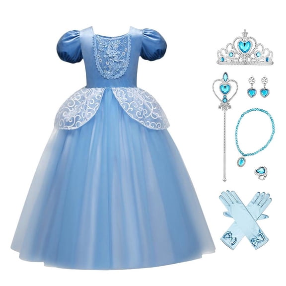 IBTOM CASTLE Girls Princess Dress Halloween Cosplay Fancy Dress up Christmas Birthday Party Long Maxi Puffy Dresses with Accessories 7PCS Outfits